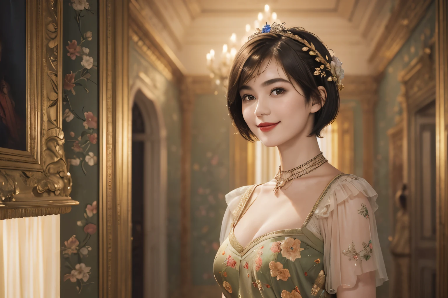 141
(a 20 yo woman,in the palace), (A hyper-realistic), (high-level image quality), ((beautiful hairstyle 46)), ((short-hair:1.46)), (kindly smile), (breasted:1.1), (lipsticks), (is wearing dress), (murky,wide,Luxurious room), (florals), (an oil painting、Rembrandt)