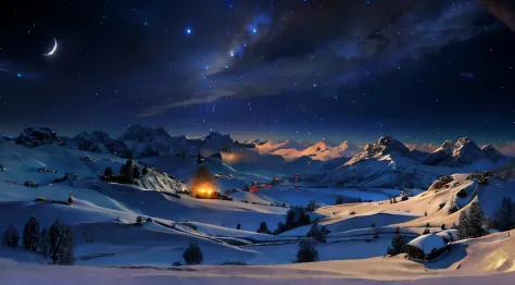a quiet village nestled amidst rolling hills. Dark Night. full of star