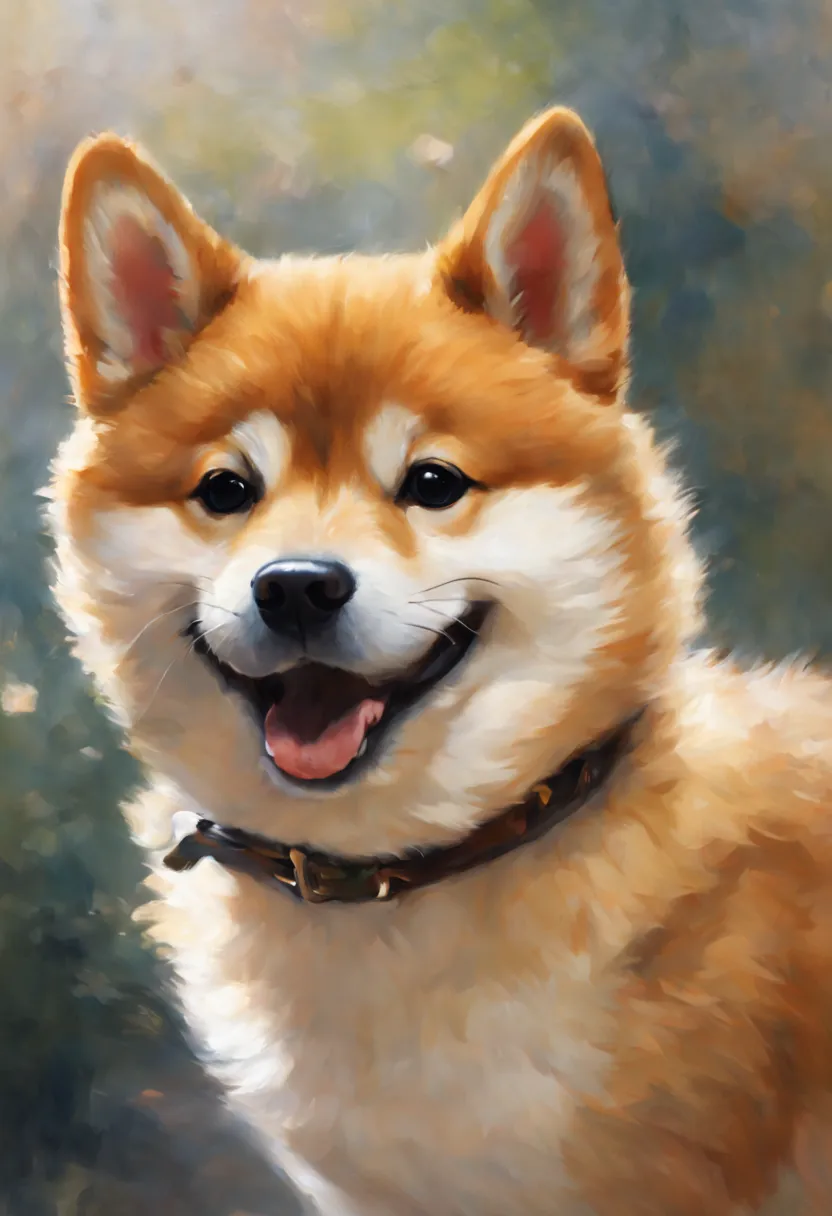 A cute smiling Shiba Inu welcomes viewers, Art by Pierre-Auguste Renoir and Jérémie Mann, (Viewpoint angle:1.2), Realistic, 光线追踪...