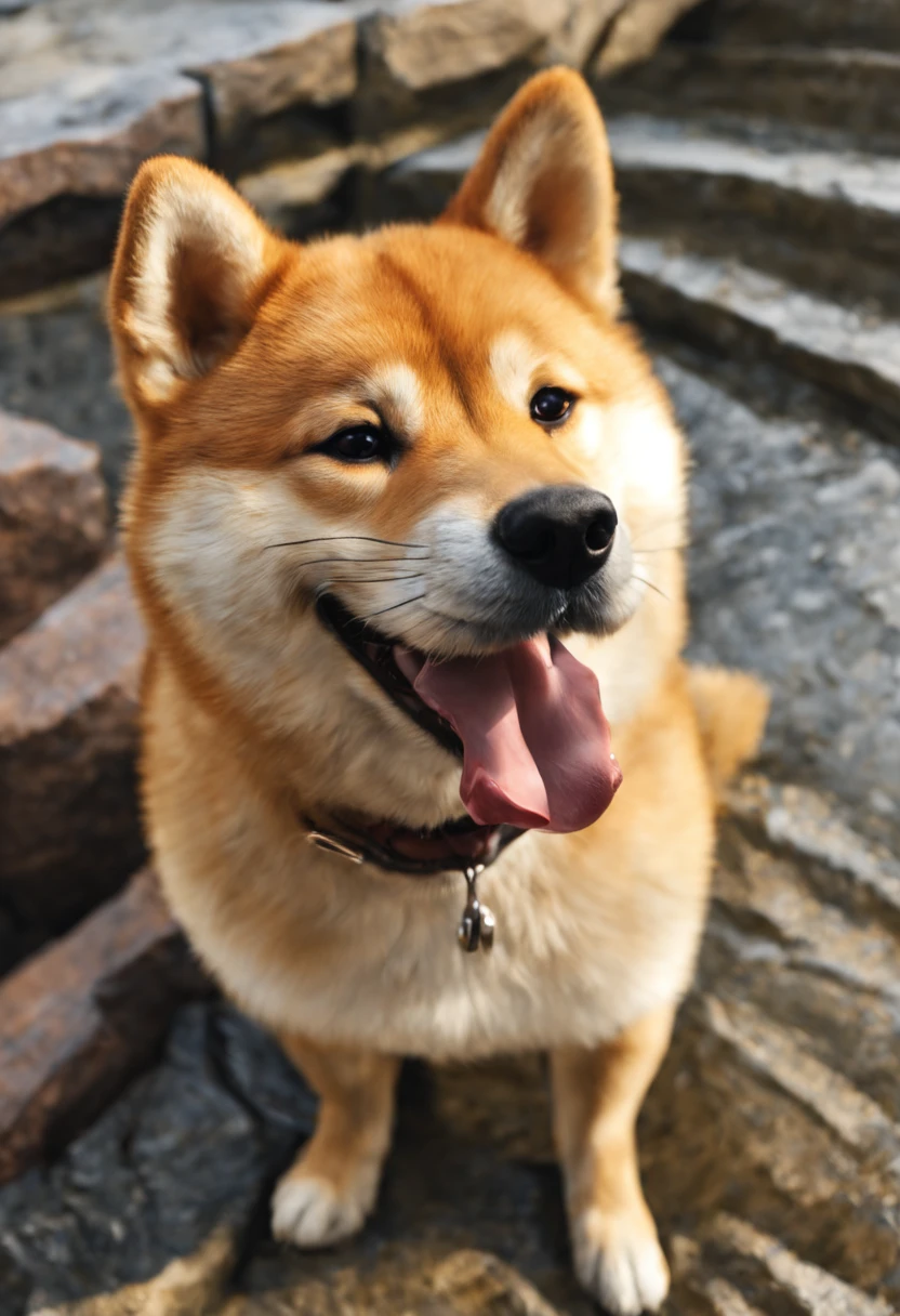 A cute smiling Shiba Inu greets viewers, Art by Pierre-Auguste Renoir and Jérémie Mann, (Viewpoint angle:1.2), Realistic, 光线追踪, Beautiful lighting,​masterpiece