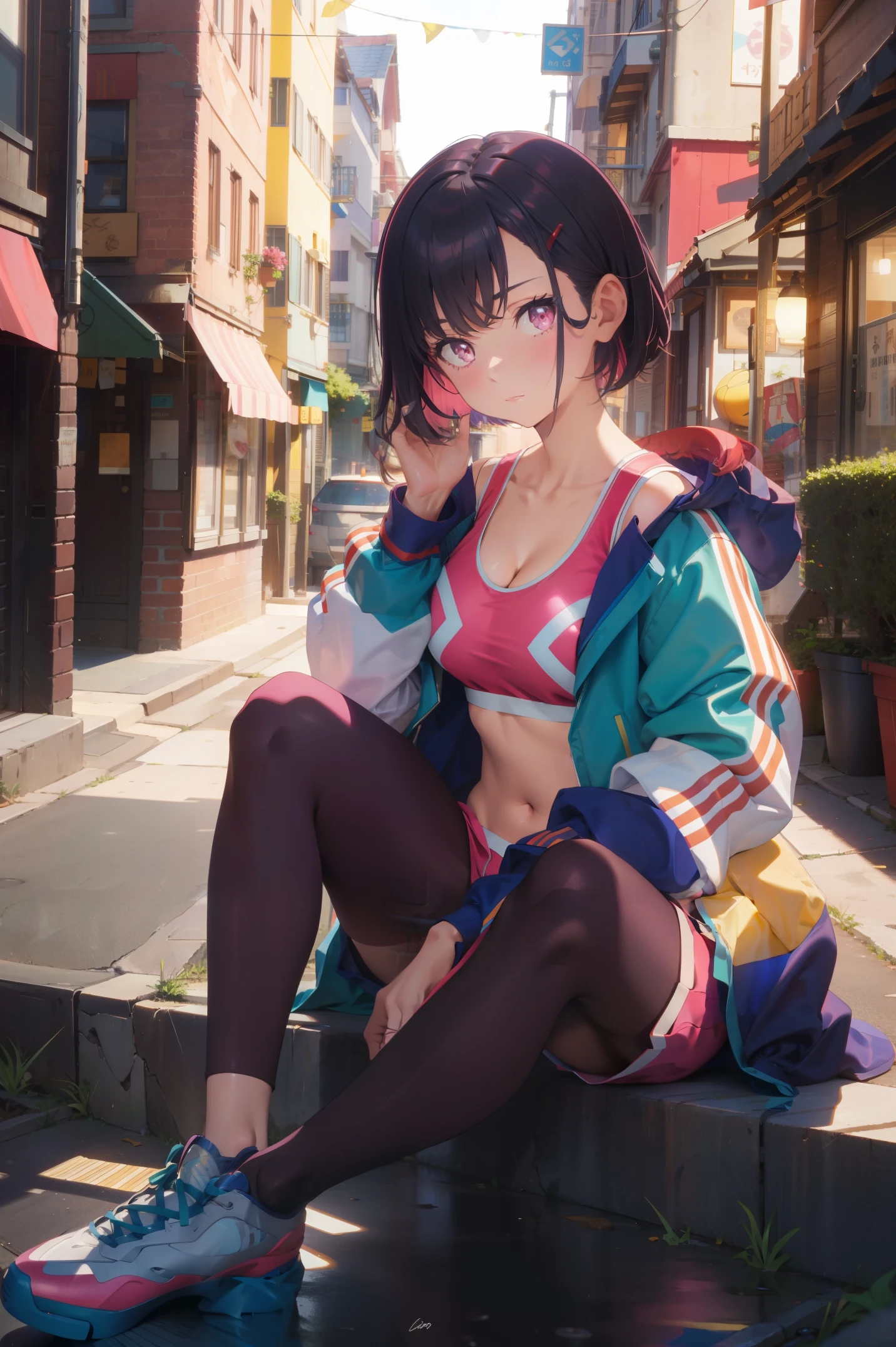 masterpiece, best quality, MShizukaV4, 1girl, solo, looking at viewer, slight smile, sitting, hair ornament, long sleeves, navel, cleavage, closed mouth, collarbone, jacket, open clothes, shoes, sneakers, shorts, hairclip, midriff, crop top, multicolored clothes, sports bra, dark purple leggings, legwear under shorts, pink shorts, city alley, steps, night, cowboy shot,