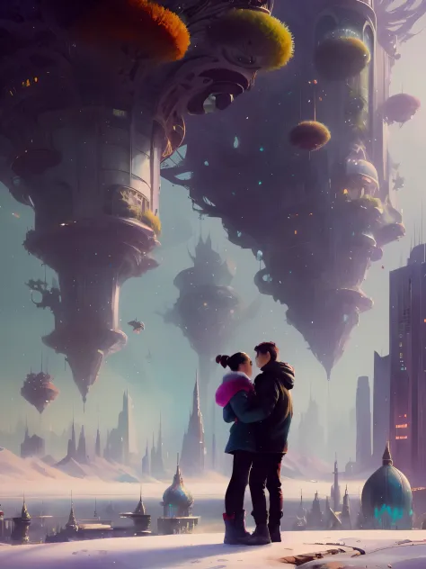 Rough watercolor painting,there are two people standing in front of a futuristic city, in fantasy sci - fi city, paul lehr and beeple, epic fantasy sci fi illustration, greg beeple, rob rey and kentarõ miura, sci-fi digital art illustration, arstation and ...