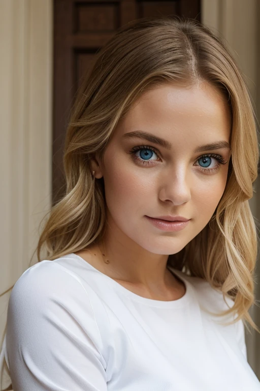 A blonde woman with blue eyes is portrayed in the image, wearing a white long-sleeved top with a blue lower portion. Her hair is styled in curls, and she is looking directly at the camera with a serious expression, although one of the captions suggests a gentle smile might be present. She is posing in front of a white wall and doorway, which may suggest an elegant setting like a church entrance. The focus is on the woman, and the blurriness around certain areas creates a distinct aesthetic appeal, emphasizing her face and eyes more prominently. The overall impression is one of elegance and poise.