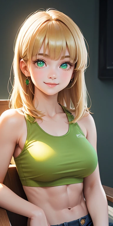 baby face, middle gold hair,blunt bangs:1.5,messy hair:1.5, (photorealistic:1.4), (masterpiece, sidelights, exquisite beautiful eyes: 1.5), masterpiece*portrait, realistic, 3D face,,kawaii face,front view: 1.5、 (glowing green eyes:1.2),plump face:1.5,(tareme:1.5)、(happy:1.5),Rosy Mouth,Slim Body,abs, shiny hair, shiny skin: 1.5、large breasts:1.3,solo,(sit)、(cutout between underboob and Tank top)、(charactor focus:1.5、portrait)、upper body,Drink coffee at Open Cafe