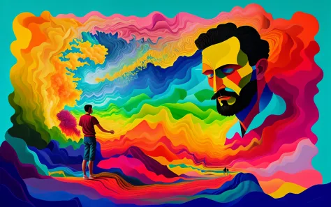 surreal gouache portrait painting of a man opening the fabric of creation, vivid colors