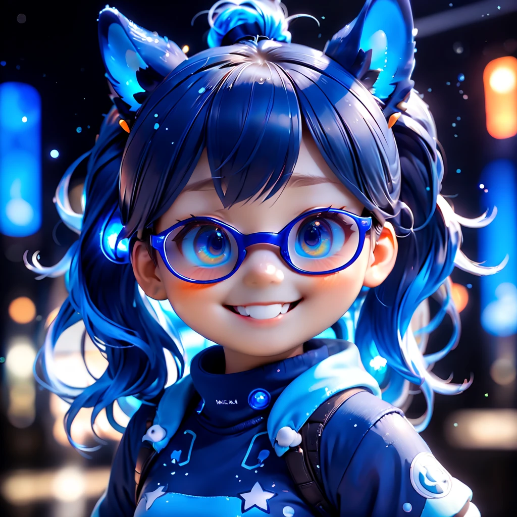 (closeup of face: 1.8), 3D character rendering，((1 girl，Blue double ponytail，Laugh))，((Hairstyling design：Brilliant deep blue，添加一些with light glowing的元素头饰，Such as orange photoelectric glasses or head-mounted displayacial design：在面部装饰上添加一些with light glowing线条或橙色 LED 灯光效果，Laugh，grin face，Highlight the image of future warrior))，((starryskybackground)), (Perspectives, first person perspective, Ghibli-style colors, with light glowing, 电影灯光, hyper HD, tmasterpiece, acurate, Anatomically correct, ctextured skin, super detailing, high detal, high qulity, Award-Awarded, Best quality at best, 8k), Pop Mart blind box, 3 Rendering