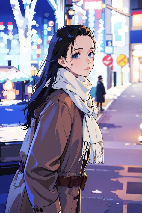 woman in a coat and scarF standing on a city street, portrait soFt low light, white scarF, shot in canon 50mm F/1.2, F / 1. 9 6. 8 1 mm iso 4 0, 7 0 mm portrait, 60mm portrait, Handsome Girl, mid shot portrait, wearing a white winter coat, medium portrait ...