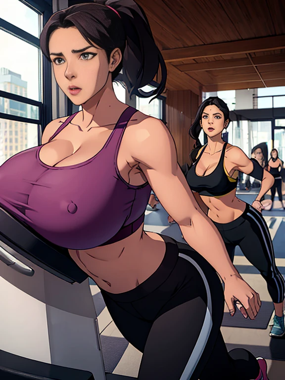a woman in a gym, huge breasts, sports bra, yoga pants, gigantic