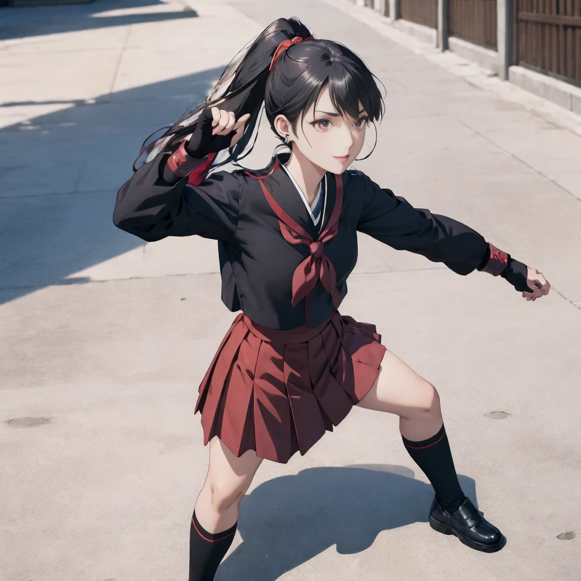 sukeban, illyasviel_von_einzbern, mature_female, silver hair, holding yoyo, combat pose, full body, flowing hair, hair between the eyes, asymmetrical hair, red eyes, delicate facial features, sukeban deka clothe, black japanese school uniform, looking_at_viewer, outdoors, background tokyo, ((solo, solo focus, solo girl,1girl))+++++,woman in a black sukeban costume standing on a set of strees, black japanese sukeban school uniform, 80's japanese sukeban photo, wearing black japanese sukeban school uniform, rumiko, sukeban japanese girl school uniform, dressed as sukeban schoolgirl, black sukeban female sailor uniforms, sukeban sailor uniform, sukeban seifuku, of a schoolgirl posing, of a youthful sukeban japanese girl, wearing sukeban headmistress uniform, 90s japan, sukeban, long black skirt, red basket, full body, light skin tone female, full body, tape, arm_support, gloves, red_gloves, bridal gauntlets, black_footwear, fighter outfitfull body, hourglass, mature face, cheeky smile, cheeky face, wrinkles,( short hair, earrings, ear piercings), realistic, (fighting art, Martial arts, standing, fighting_stance, fight, fighting), extra colors, 2D, megapixel, perfectionism, accent lighting, full HD , 4K, masterpiece, empty red eyes