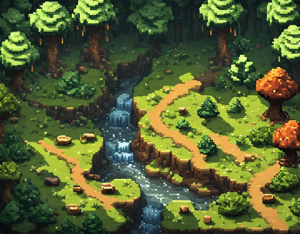 Pixel art , bright day forest,pixel art hills,small river,Detailed Unreal Engine pixel art