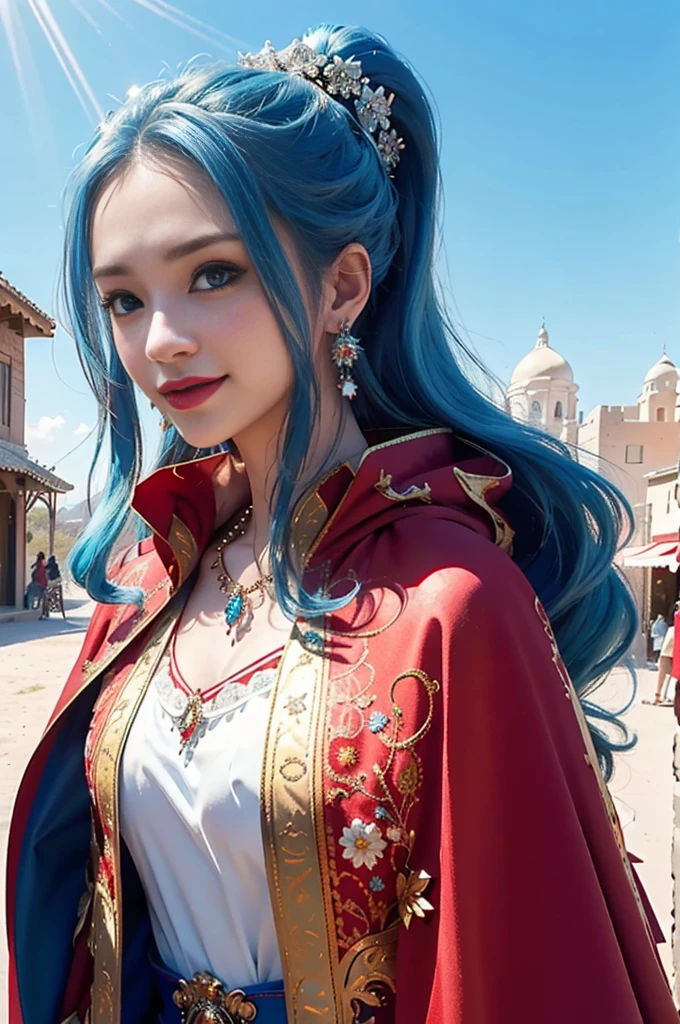 masterpiece, ((ultra detailed background, delicate pattern, intricate detail)), (highly detailed, fine detailest quality, beautiful lighting, (portrait), NefertariViviV3, 1girl, long hair, blue hair, solo, jewelry, earrings, ((red cape, white dress,  dress)), ponytail, hair ornament, necklace, sky, blue eyes, complex detailed background, outside, sunny, desert town environment, buildings, town, market, hair lift, hands behind back, smile,