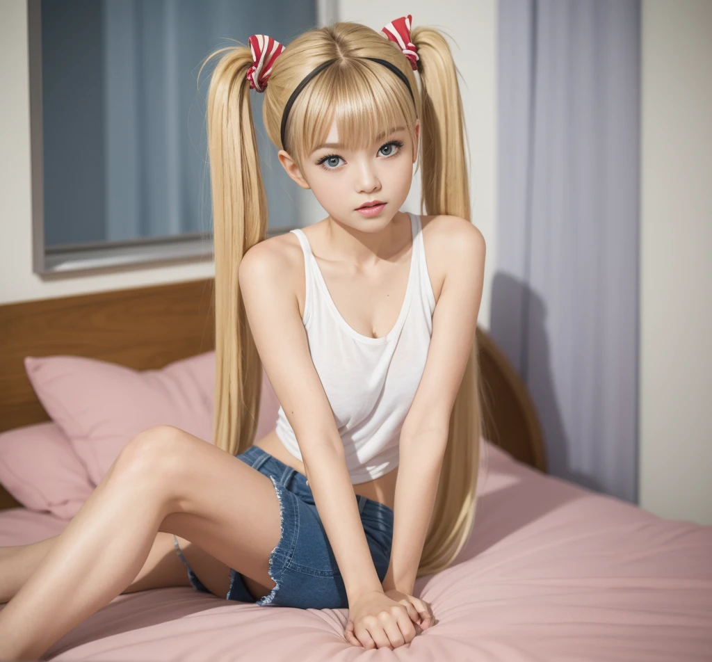 （8K、Raw photography、top-quality、​masterpiece：1.2),Bullish,Muchimuchi,Erotic,masterpiece,top-quality、超A high resolution,Raw photo,ren,Beautiful fece,One Person, 独奏,blonde_hair, blue eyes, twintails, very_long_hair, hair_ornament red, hair_scrunchie red, big_breasts,akizuki airi, blonde_hair, blue eyes, twintails, very_long_hair, hair_ornament red, hair_scrunchie red, big_breasts, fullllbody,（Photorealsitic：1.37）、Photon mapping,Realistic、Cute little face、Radio City、Physically Based Rendering、Foreground、depth of fields、Blurry background、a picture,The girls、Body,beauty legs, Long legs, Thin leg, sitting in bed, tank top, blue jean short, soks