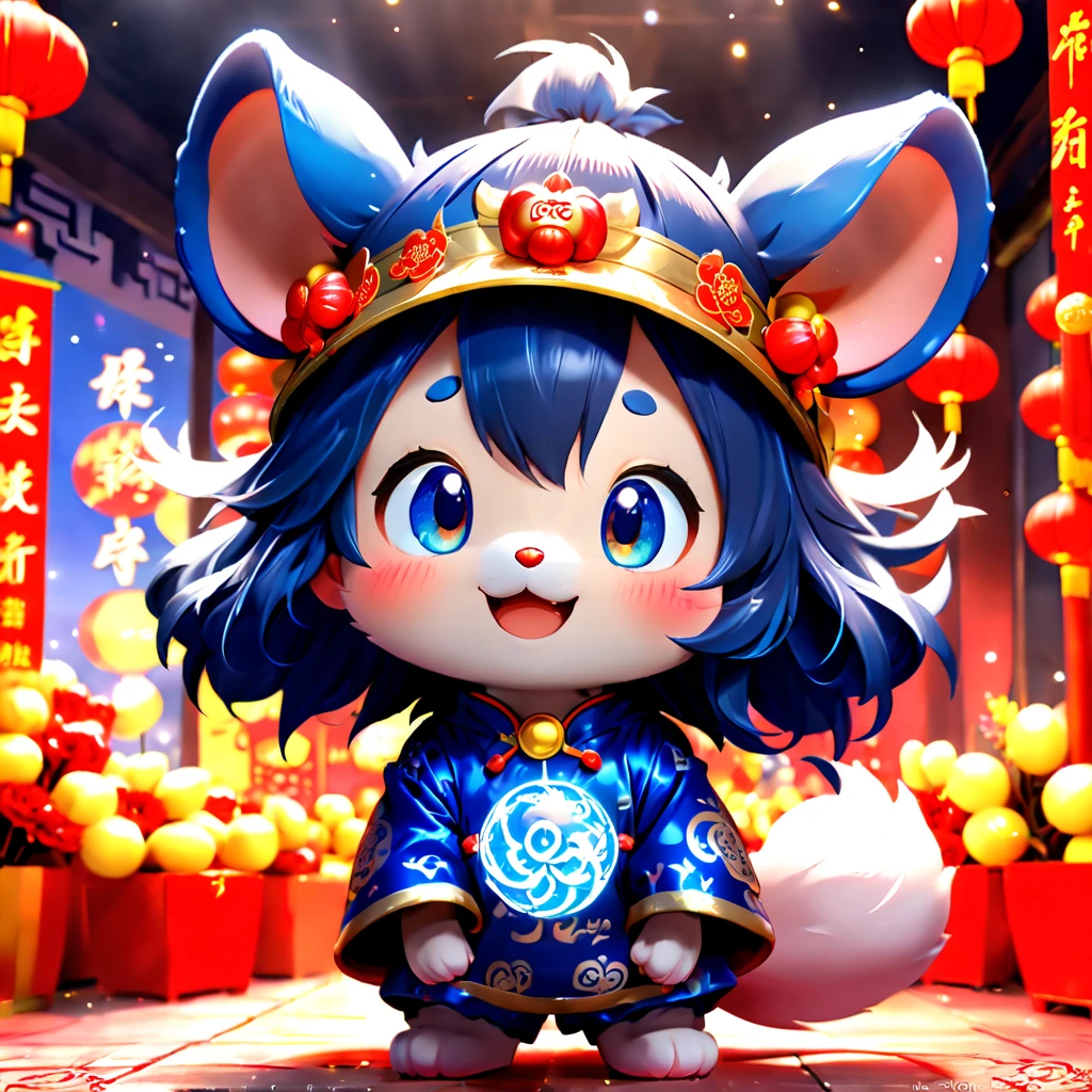 (closeup of face: 1.8), 3D character rendering，(personification:1.5), ((1 cute mouse，Laugh))，((Hairstyling design：Brilliant deep blue，添加一些with light glowing的元素头饰，Wearing a Chinese lion head hat))，((facial design：在面部装饰上添加一些with light glowing线条或橙色 LED 灯光效果，Laugh，grin face，))，((Chinese New Year background)), (Perspectives, first person perspective, Ghibli-style colors, with light glowing, 电影灯光, hyper HD, tmasterpiece, acurate, Anatomically correct, ctextured skin, super detailing, high detal, high qulity, Award-Awarded, Best quality at best, 8k), Pop Mart blind box, 3 Rendering