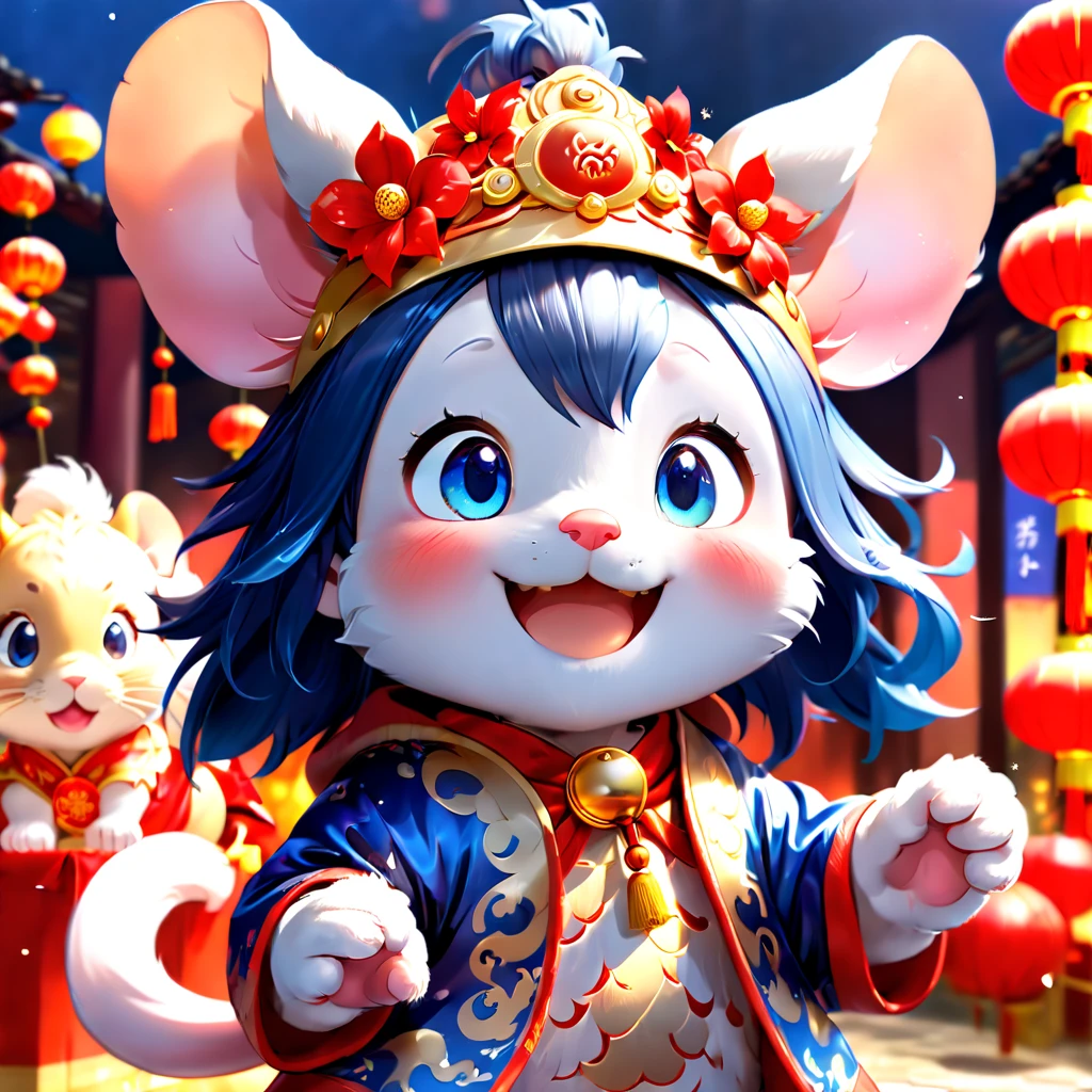 (closeup of face: 1.8), 3D character rendering，(personification:1.5), ((1 cute mouse，Laugh))，((Hairstyling design：Brilliant deep blue，添加一些with light glowing的元素头饰，Wearing a Chinese lion head hat))，((facial design：在面部装饰上添加一些with light glowing线条或橙色 LED 灯光效果，Laugh，grin face，))，((Chinese New Year background)), (Perspectives, first person perspective, Ghibli-style colors, with light glowing, 电影灯光, hyper HD, tmasterpiece, acurate, Anatomically correct, ctextured skin, super detailing, high detal, high qulity, Award-Awarded, Best quality at best, 8k), Pop Mart blind box, 3 Rendering