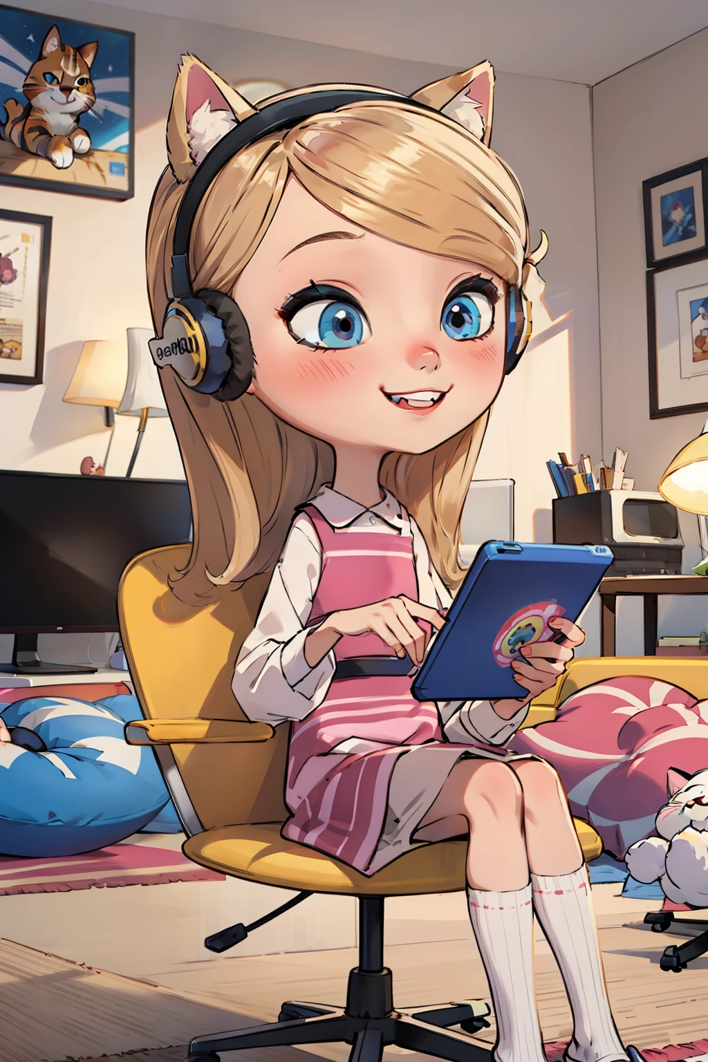 1girl, beautiful eye, smile, gaming girl, cheerful expression, long blonde hair, twinkling blue eyes, pink dress, cute cat ear headphones in pastel colors, cross-legged pose, playing a handheld game console, a soft and fluffy room background, plush toys scattered around, pastel-colored pillows, warm glow from a nearby desk lamp, fuzzy carpet under her, game console screen glowing with vibrant colors, long tube socks, pink fluffy slipper, soft shadows adding depth to her surroundings, light from the game console illuminating her face, focus and enjoyment evident in her eyes, fingers deftly moving over the game controls, soft blush on her cheeks, strands of hair falling over her face, a happy grin lighting up her face, headphones adorned with cute cat-themed details, ear tufts and pink accents, her posture relaxed and comfortable, colorful game posters adorning the walls, game-themed trinkets and figurines on shelves in the background, a comfortable gaming chair behind her, hint of a giggle escaping from her lips, relaxed and cozy atmosphere, gentle, playful and carefree, pillows and plush toys mirroring her love for games, fluffy and soft textures contrasting with the sharp glow of the game screen, overall scene full of cuteness and fun