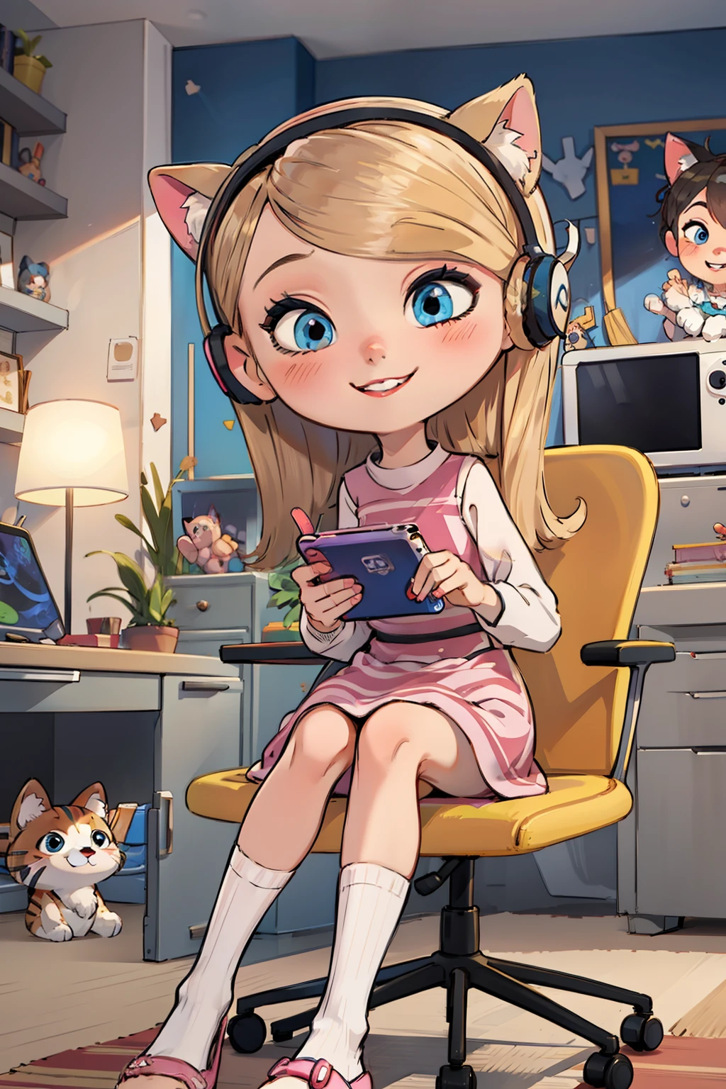 1fille, bel œil, sourire, fille de jeu, expression joyeuse, longs cheveux blonds, yeux bleus scintillants, Robe rose, jolis écouteurs à oreilles de chat aux couleurs pastel, pose jambes croisées, jouer à une console de jeu portable, un fond de pièce doux et moelleux, des peluches éparpillées un peu partout, oreillers aux couleurs pastel, lueur chaleureuse d&#39;une lampe de bureau à proximité, tapis pelucheux sous elle, écran de console de jeu brillant de couleurs vives, chaussettes longues, pantoufle rose moelleuse, des ombres douces ajoutant de la profondeur à son environnement, la lumière de la console de jeu illuminant son visage, concentration et plaisir évidents dans ses yeux, doigts se déplaçant adroitement sur les commandes du jeu, un léger rougissement sur ses joues, des mèches de cheveux tombant sur son visage, un sourire heureux illuminant son visage, écouteurs ornés de jolis détails sur le thème des chats, touffes d&#39;oreilles et accents roses, sa posture détendue et confortable, des affiches de jeux colorées ornant les murs, bibelots et figurines sur le thème du jeu sur des étagères en arrière-plan, une chaise de jeu confortable derrière elle, un soupçon de rire s&#39;échappant de ses lèvres, ambiance détendue et cosy, doux, Ludique et insouciant, des oreillers et des jouets en peluche reflétant son amour pour les jeux, textures moelleuses et douces contrastant avec la lueur vive de l&#39;écran de jeu, scène globale pleine de gentillesse et de plaisir