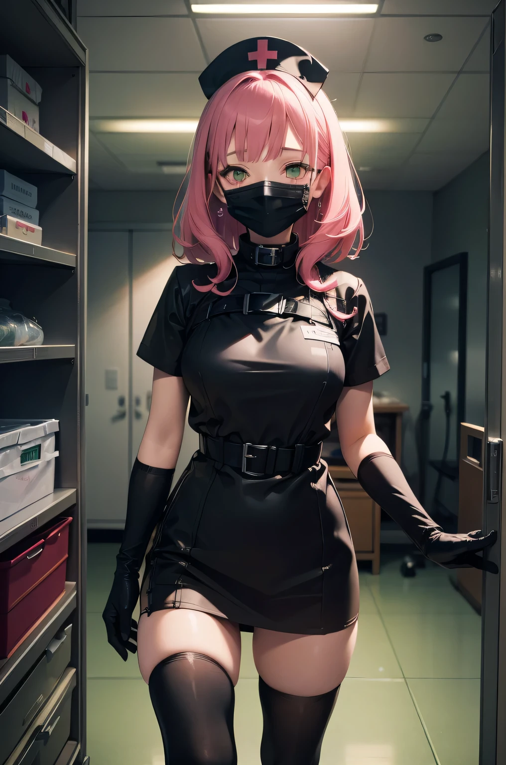 infirmière noire, 1fille, seulement, infirmière noire cap, vêtements noirs, ((collants noirs, zettaï ryôiki)), gants de coude noirs, cheveux roses, yeux verts, yeux tombants, ((masque chirurgical noir, nez couvert)), debout, ((salle d&#39;opération)), contour net, manches courtes, Meilleure qualité, chef-d&#39;œuvre