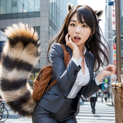 A woman wearing a suit with a raccoon tail, anthropomorphic raccoon, けもの, realistic, a picture, top-quality, Surprised face