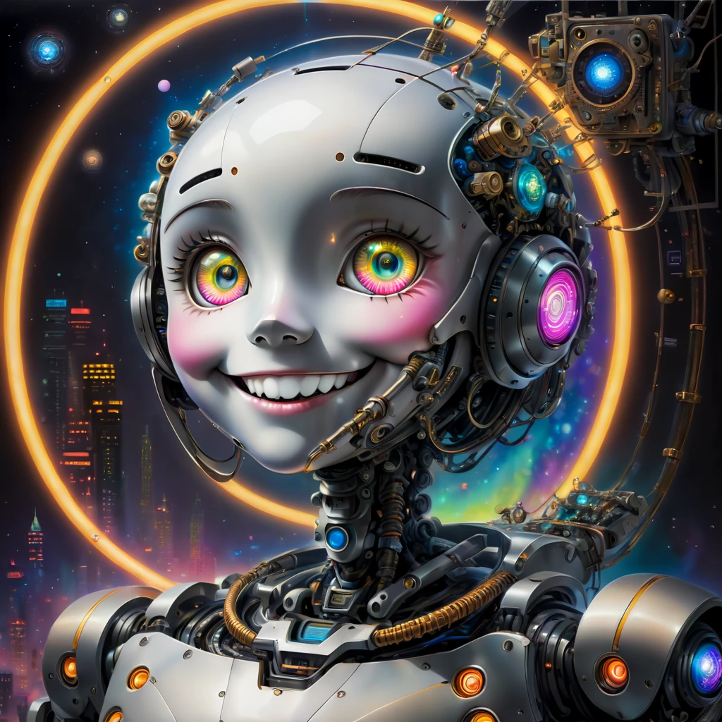 遠い未来に，テクノロジーとネオンが照らす街で，A giant painting of a robot’の笑顔 stands。

この絵の背景は深い宇宙です，輝く星と渦巻く星雲が点在。ロボット&#39;の笑顔 is in the center of the painting，ほとんどのスペースを占めます。

スマイリーフェイスは金属と電子部品でできています，輝くネオンで覆われた表面。その目は2つの明るいLEDライトです，口は曲がった金属棒です，端が上向きになっている，笑顔の弧を描く。

スマイリーフェイスはさまざまな電子部品や機械装置に囲まれています，彼らは&#39;ロボットの神経みたいだ，常に輝いている。これらの要素とデバイスはスマイリーフェイスに接続されています，生命と意識を与えているようだ。

絵の右下隅に，ロボットの前に立っている&#39;の笑顔。彼女はみすぼらしい服を着ていた，彼の顔には好奇心と畏怖の表情が浮かんでいる，巨大ロボットを見上げると笑顔。

この絵はテクノロジーと未来のシーンを描いています，人工知能を彷彿とさせる、ロボットと人間の関係。未来の世界における人類の地位と役割についても考えさせられます。。