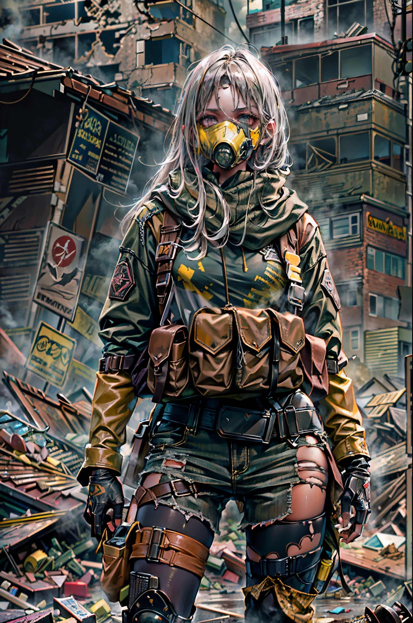 masterpiece, best quality, high resolution, rich details, 8k, extreme light and shadow, image of a beautiful young girl wearing tactical gear, holding a AK47 with two hand, walking down a desolated street in a collapsed city, post apocalypse, smoke and fog in the air, BREAK yellow gray sky covered with toxic cloud, collapsed building, broken street, tall body, detailed face, detailed eye, cold face, dirty, (post apocalypse theme),