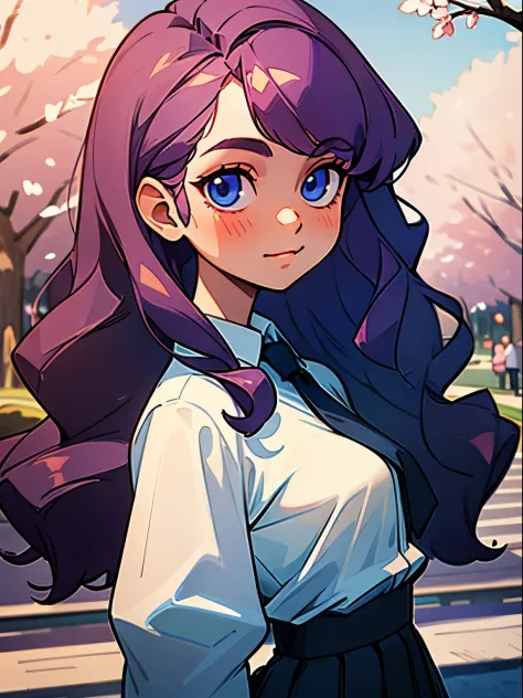 A portrait of a young woman with very long dark purple wavy hair and drill curls, side-swept bangs, blue eyes, ligh tanned skin, soft smile, wearing white long sleeved blouse with black necktie, blue checkered skirt, at a cherry blossom park