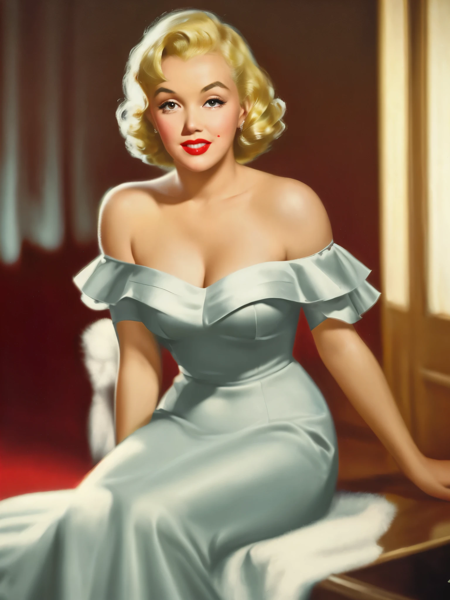 Stupéfiant~*~ Gros plan cinématographique réaliste dans une scène de film, Marilyn Monroe, la bombe blonde des années 1950, avec des lèvres boudeuses et des yeux sensuels. elle porte un rouge à lèvres rouge et une robe moulante à épaules dénudées, moyen rond , peau brillante, respirant la confiance et la sensualité 8k