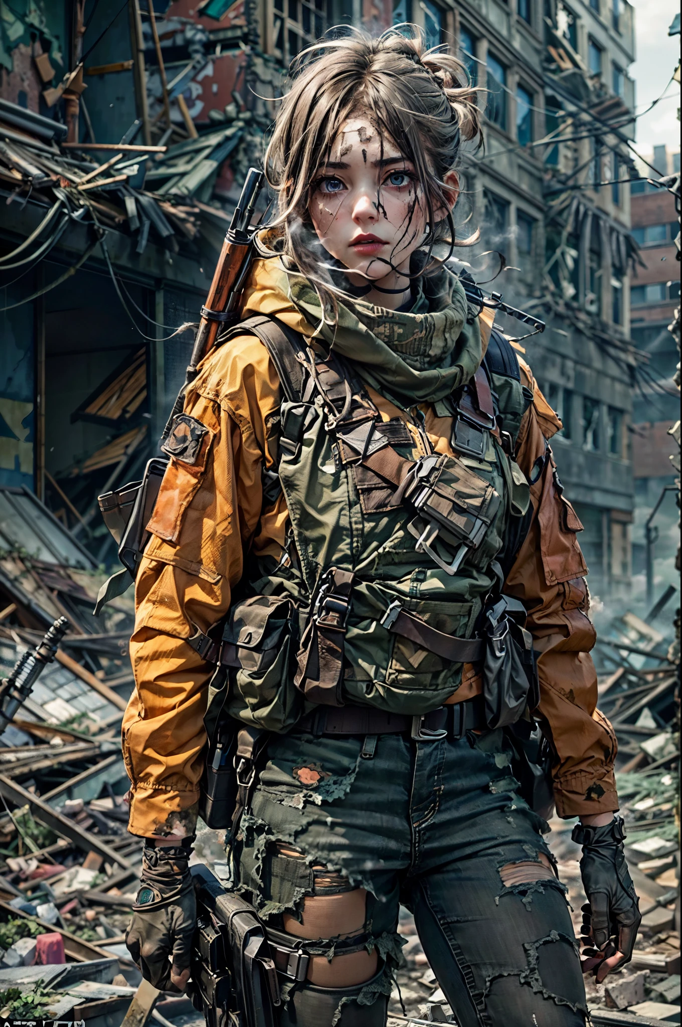 tiro certeiro,obra de arte, melhor qualidade, Alta resolução, detalhes ricos, 8K, extrema luz e sombra, imagem de uma bela jovem mulher,vestindo equipamento tático, segurando um AK47 com as duas mãos, caminhando por uma rua deserta em uma cidade destruída, pós-apocalipse, fumaça e neblina no ar, céu cinza amarelo coberto de nuvem tóxica, prédio desabou, rua quebrada, corpo alto, rosto detalhado, Olho detalhado, Cara fria, sujo, (pós-apocalipse theme),