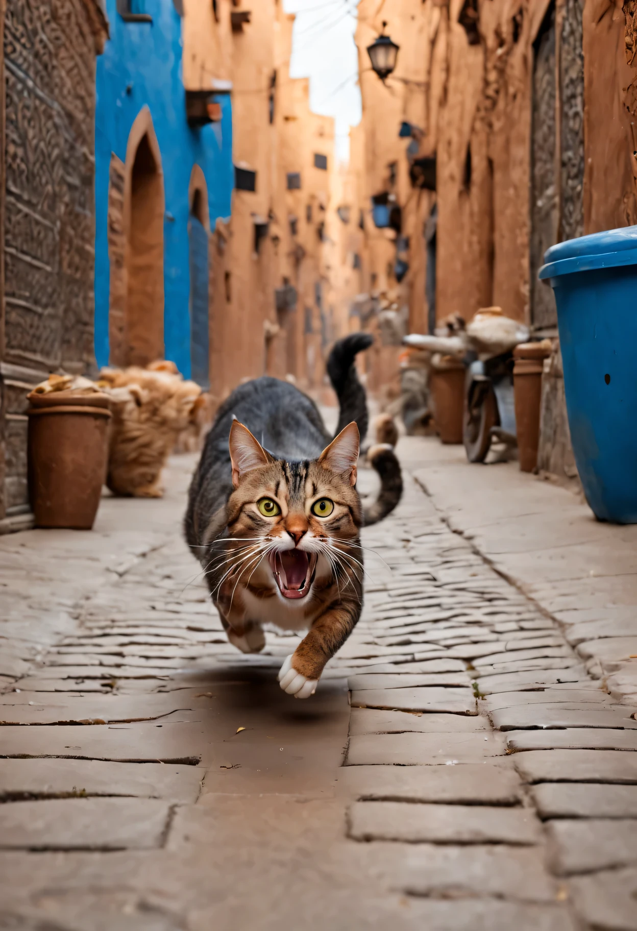 there is a cat that is running down the street with Moroccan people chasing it, awesome cat, extremely realistic photo, real-life tom and jerry, happy cat, cat attacking Marrakech, funny cat, running cat, !!! cat!!!, !!!! cat!!!!, highly realistic photo, real life picture, ultra realistic picture, hyper real photo, stolen sardine in mouth, hyperrealistic picture