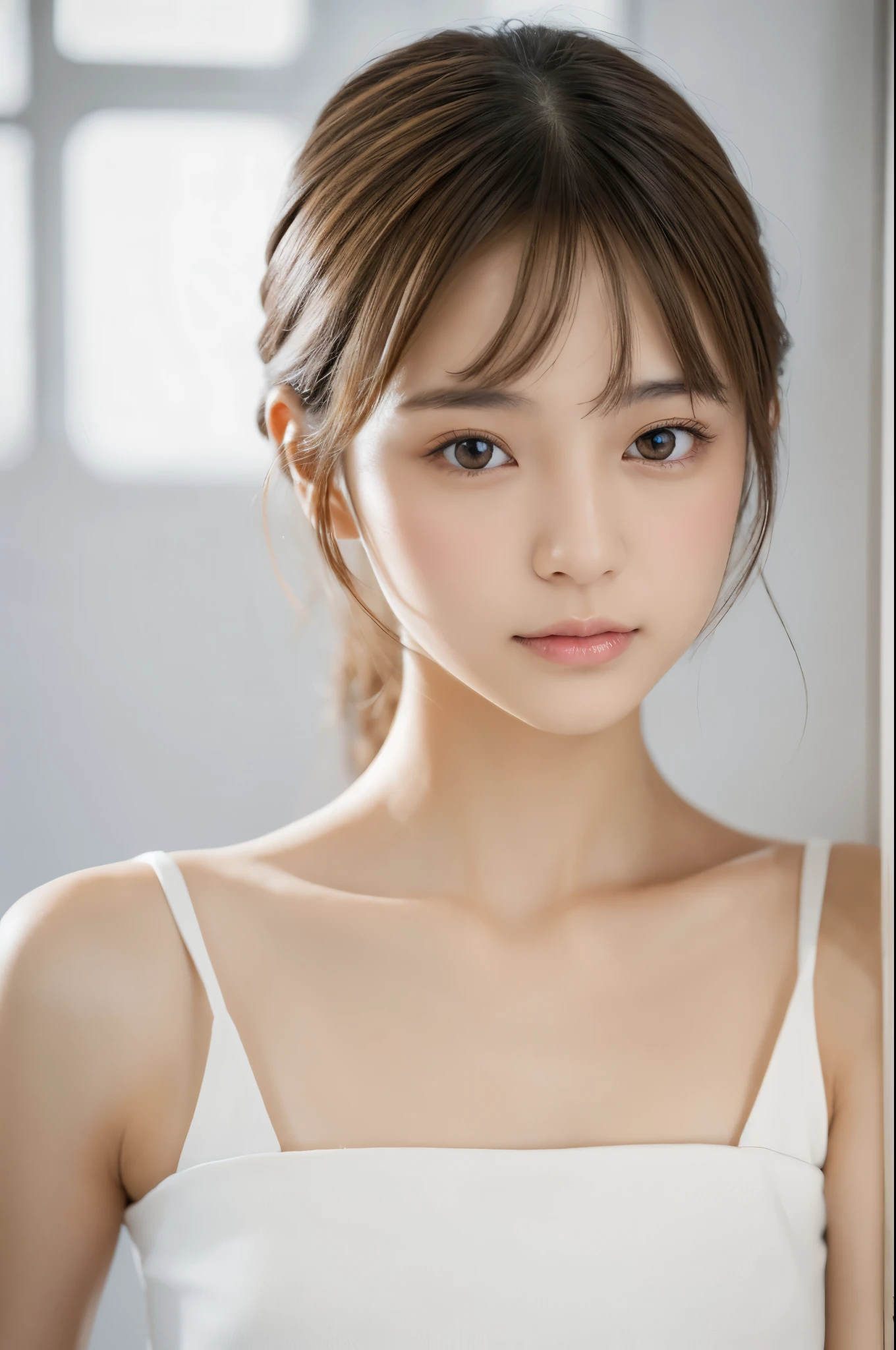 Young japanese lady, 30s, White background, It features a simple background, white-brown hair, slender, 4K, in 8K, High quality, Beauty, Beautiful eyes, It features a simple, High resolution,1 person,Beautiful skins,Beautiful skin