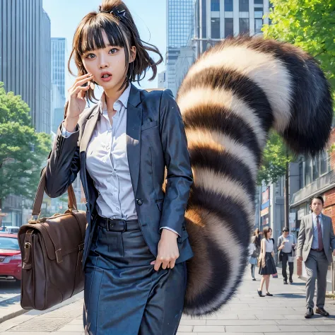 A woman wearing a skirt suit with a raccoon tail, anthropomorphic raccoon, けもの, realistic, a picture, top-quality, Surprised fac...