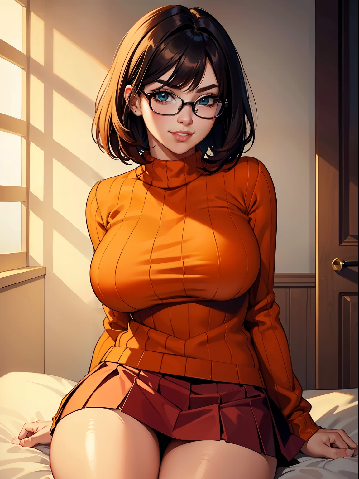 HD, 8k quality, masterpiece, Velma, (1girl, solo girl) dream girl, huge breasts, beautiful face, kissing lips, short bob straight hairstyle, long bangs, perfect makeup, realistic face, detailed eyes, jade green eyes, brunette hair, eyelashes, bedroom, sitting on bed, eyes at viewer, ((orange sweater)), turtleneck sweater, clear lens glasses, ((red skirt)), schoolgirl skirt NSFW, lip biting, grin, white panties, full body,