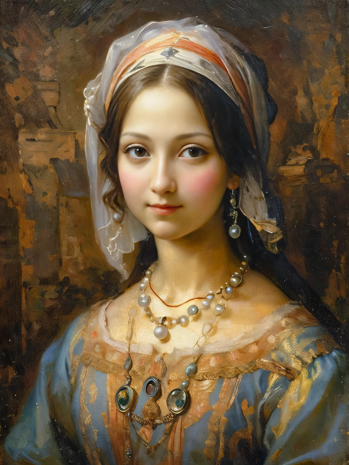 an oil painting，da vinci art style。beuaty girl，with a round face，ssmile：1.37，Beautiful medieval clothing，pearls necklace，Artistic creativity:1.37,Oil brush strokes，Oil painting texture，Detailed description of optye