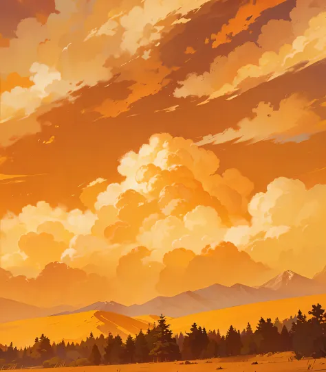afternoon sky, orange sky, clouds, mountain, trees silhouette,
