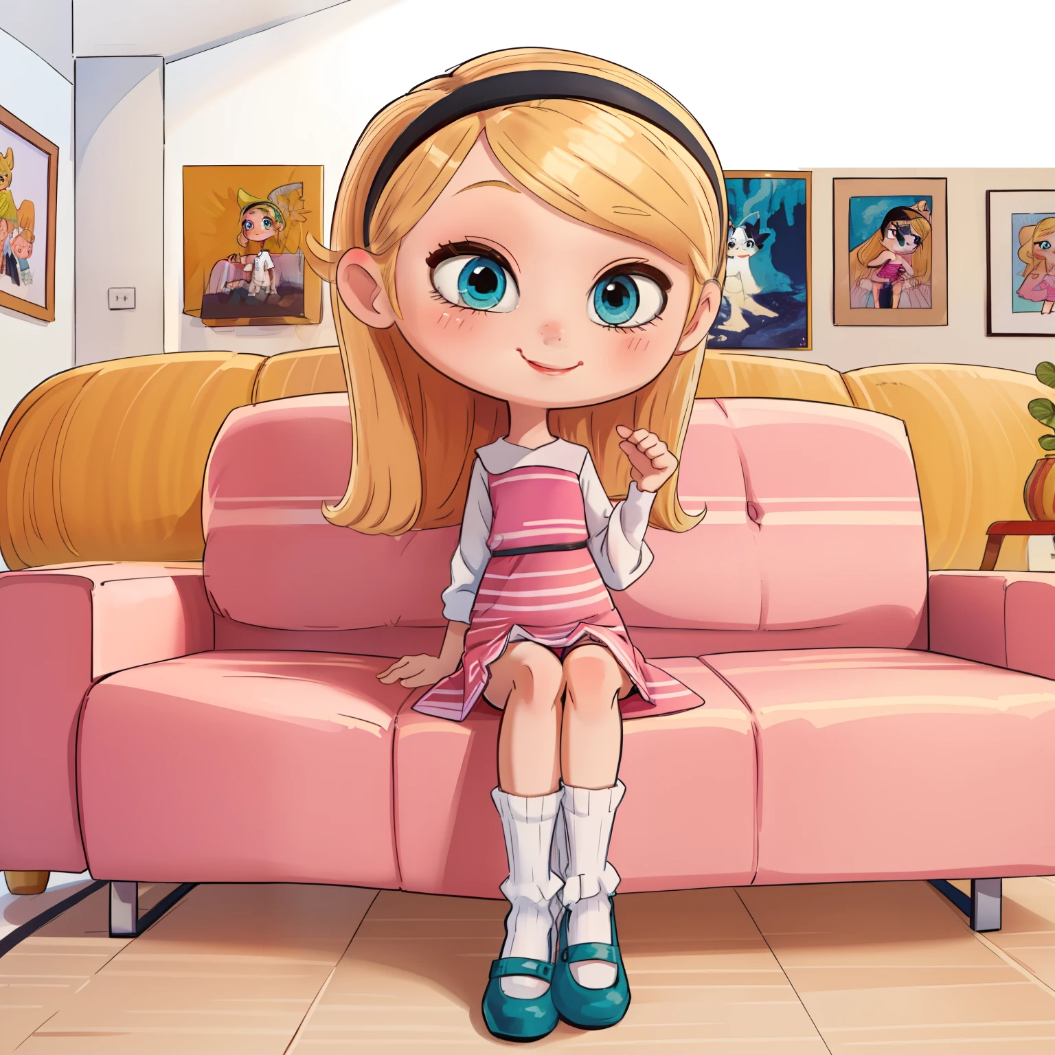 1 garota, corpo todo, lindo, Muito Jovem, , Penny Peterson, cabelo longo, cabelo loiro, elástico de cabelo, vestido rosa, Saia levantada, olhos azuis, melhor qualidade ,obra de arte, Meias, expondo calcinha branca, kawaii, bonitinho smile, pernas cruzadas, cenário, sala de estar, sofá de couro verde-azulado, bonitinho, sala de estar,