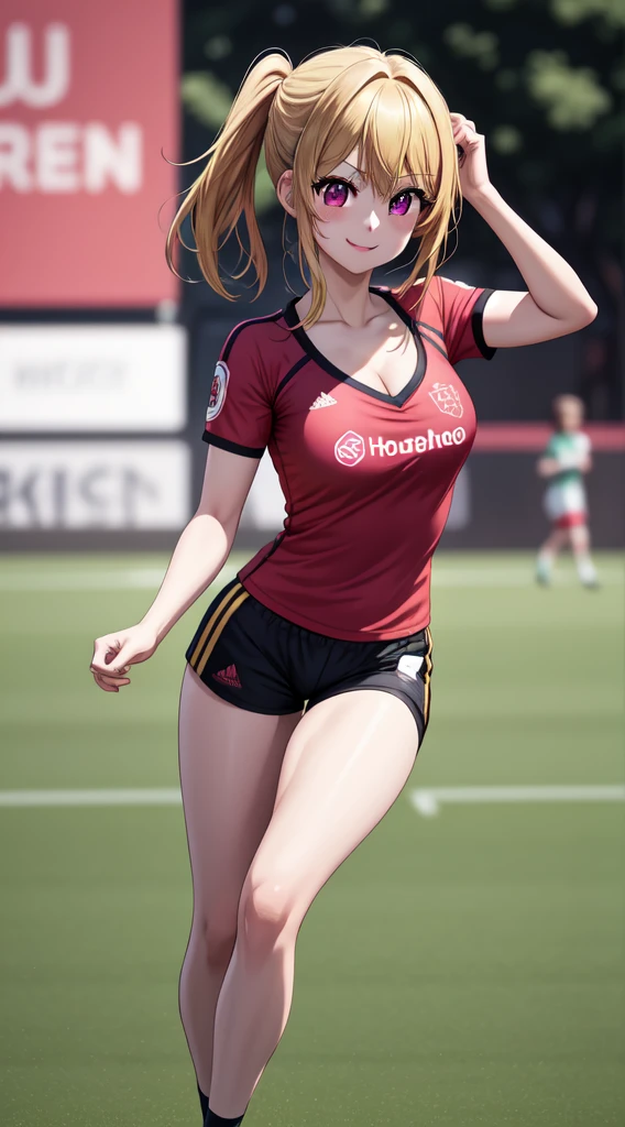 anime, beautiful face, highly detailed face, 2 accurate legs, pink detailed eyes, highly detailed background, perfect lighting, accurate arms, accurate hands, accurate fingers, blonde hair, full body, 1girl, solo, ruby hoshino, oshi no ko, outdoors absurdres, high res, ultrasharp, 8K, masterpiece, looking at the opponent, (full body:1.4), teasing smile, tight football t-shirt, tight sport shorts, playing football against someone, cleavage, on a soccer pitch, soccer