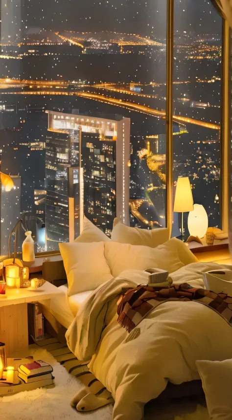 City view from bedroom with large window, cozy room, Comfortable lighting, cozy environment, Cozy atmosphere, Comfortable wallpaper, cozy place, comfortable atmosphere, Cooldown time. Good view, rooftop romantic, cozy and calm, comfortable atmosphere, cozy...