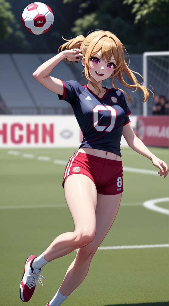anime, beautiful face, highly detailed face, 2 accurate legs, pink detailed eyes, highly detailed background, perfect lighting, accurate arms, accurate hands, accurate fingers, blonde hair, full body, 1girl, solo, ruby hoshino, oshi no ko, outdoors absurdres, high res, ultrasharp, 8K, masterpiece, looking at the opponent, (full body:1.4), teasing smile, tight football t-shirt, tight sport shorts, playing football against someone, cleavage, on a soccer pitch, running towards viewer, soccer