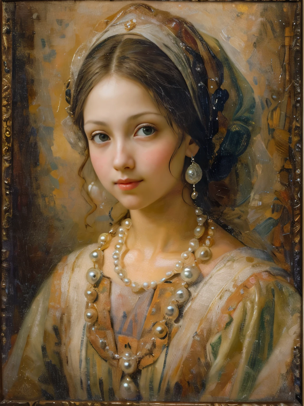 an oil painting，da vinci art style。beuaty girl，sportrait，with a round face，ssmile：1.37，Beautiful medieval clothing，pearls necklace，Artistic creativity:1.37,Oil brush strokes，Oil painting texture，Light and shadow composition