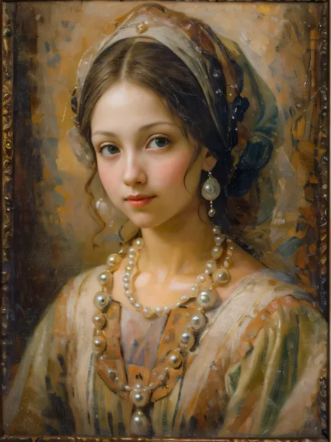an oil painting，da vinci art style。beuaty girl，sportrait，with a round face，ssmile：1.37，Beautiful medieval clothing，pearls neckla...