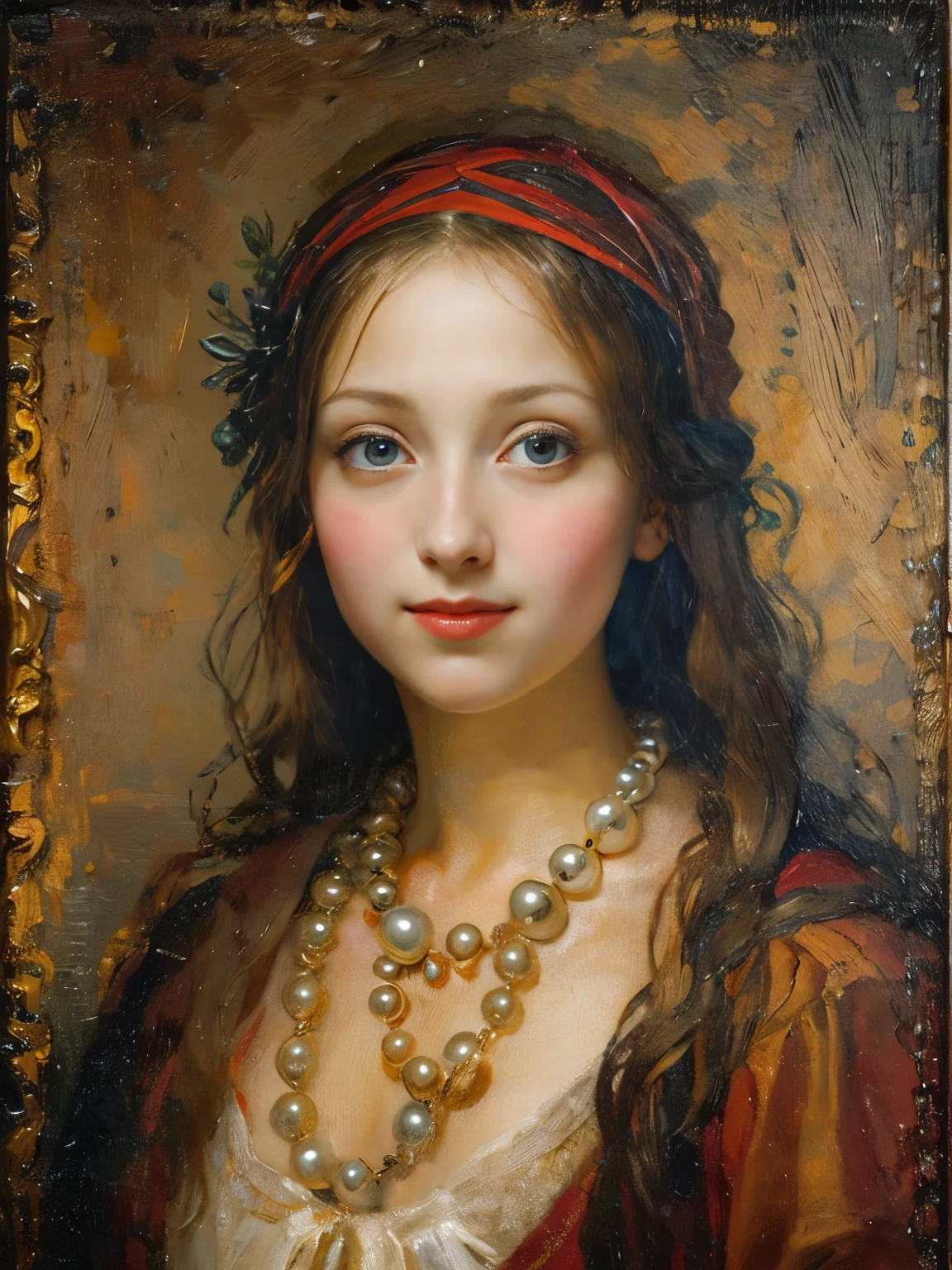 一幅油画，達文西藝術風格。美丽的女孩，運動裝，圆脸，微笑：1.37，美丽的中世纪服装，珍珠項鍊，艺术创造力:1.37,油畫筆觸，油畫質感，光影构图