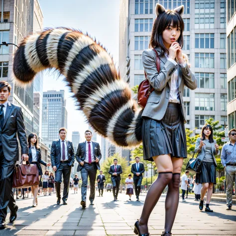 A woman wearing a pleated skirt suit with a raccoon tail, anthropomorphic raccoon, けもの, realistic, a picture, top-quality, Surpr...