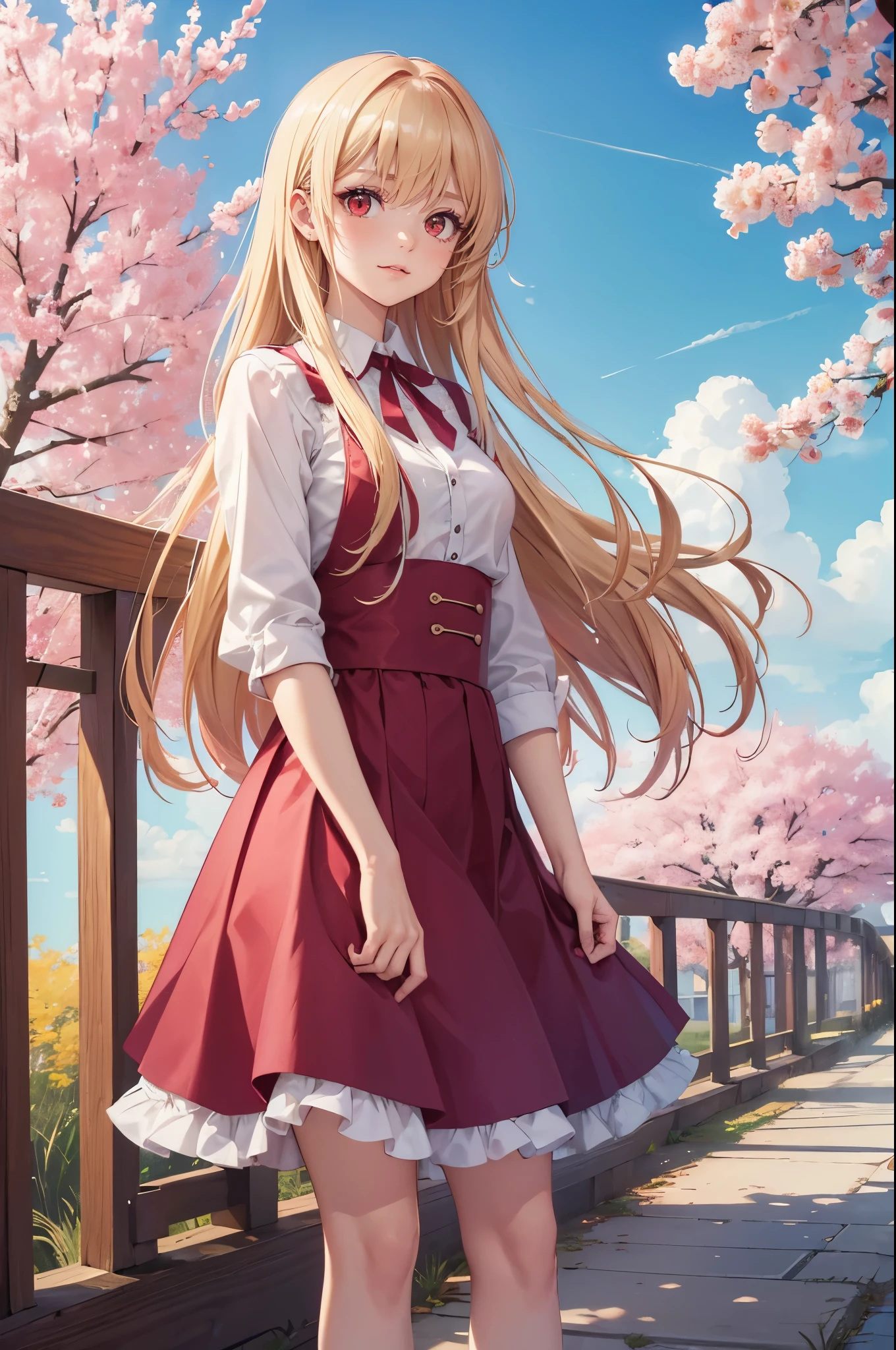 (Masterpiece, Best Quality, High Quality, Highres:1.4), Detailed, girl, solo, long hair, blonde hair, (red eyes:1.3), sakura trees, bridge, looking at viewer, cowboy shot, pink frilly dress, nice hands,