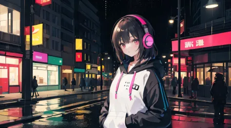 masterpiece, girl alone, solo, incredibly absurd, hoodie, headphones, street, outdoor, rain, neon, night