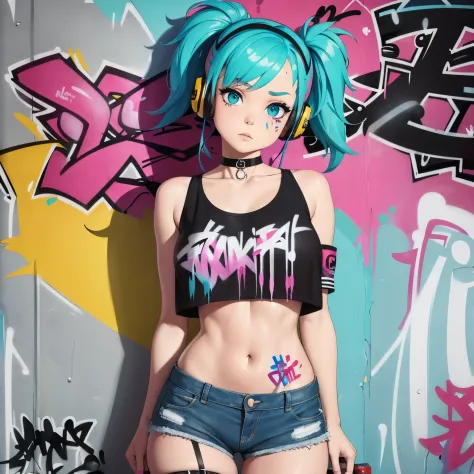 masterpiece, best quality, 1girl, solo, crop top, denim shorts, choker, (graffiti:1.5), paint splatter, arms behind back, against wall, looking at viewer, armband, thigh strap, paint on body, head tilt, bored, multicolored hair, aqua eyes, headset