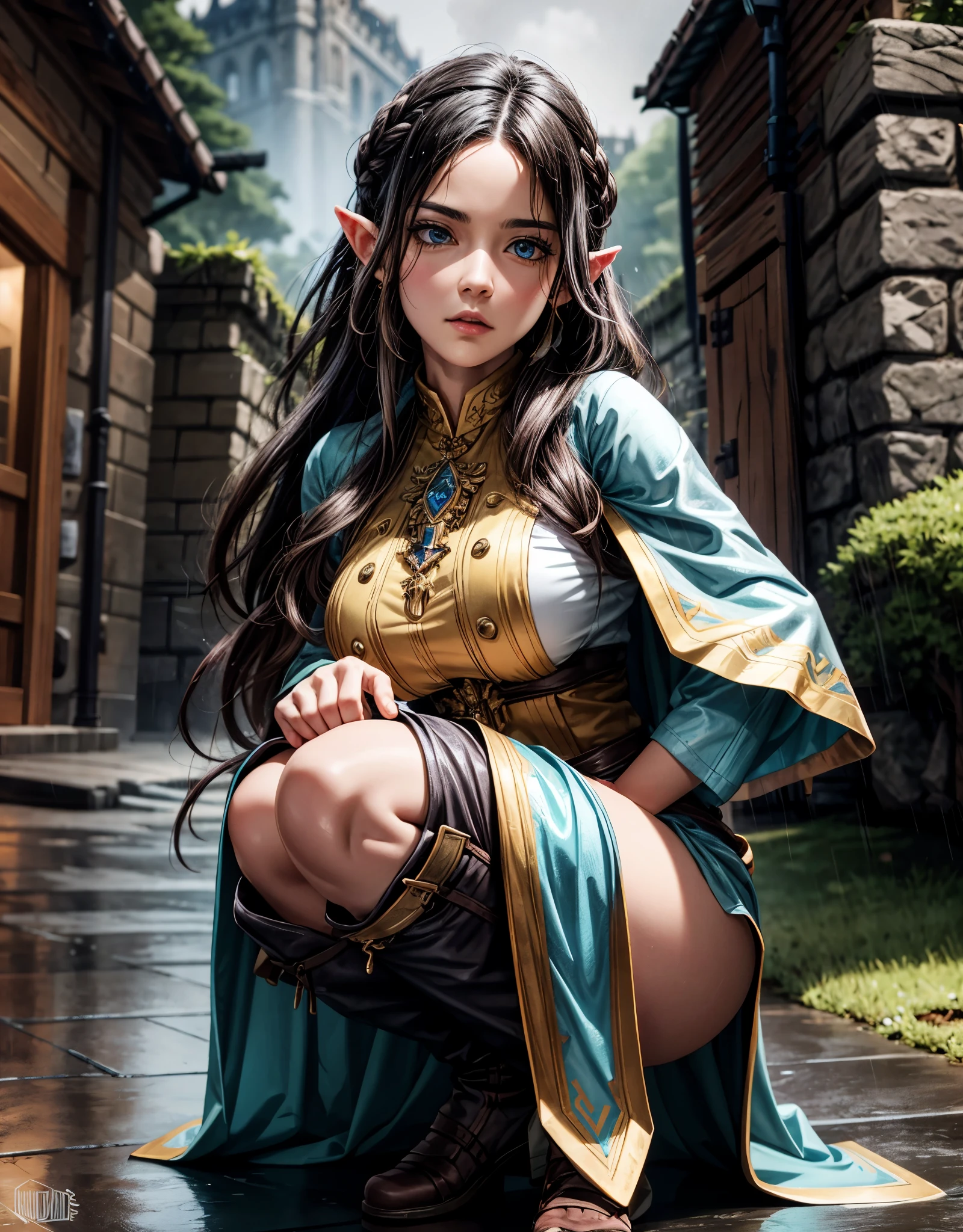 Imposing image of Zelda's character, 30 years old, with long hair and dynamic posture, in a hero_pose in the rain. Its robust street style contrasts with a huge castle wall collapsing in the background. Symmetrical and penetrating eyes, long black hair and a vivid expression add intensity to the scene. | Cinematic lighting and chiaroscuro technique, achieved with Unreal Engine 5 and Octane, create a captivating atmosphere. With a sharp focus and meticulously crafted details, the rendering is of high quality and similar to that of a professional studio. | Impactful portrait of Zelda's character, 30 years old, in a hero_pose in the rain, standing out against a crumbling castle wall, with cinematic lighting, precise focus and refined details. | {The camera is positioned to capture her in a dynamic pose, squatting deeply on the rain-soaked street with the crumbling castle wall in the background} | ((long_hair:1), ((rugged):1), ((symmetrical_face):1), ((streetwear):1), ((rainy_background):1), More_Detail.