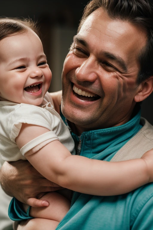 close_up of Laughing face, Dad holding the baby in the hospital, intricate, (masterpiece, Representative work, official art, Professional, unity 8k wallpaper:1.3)