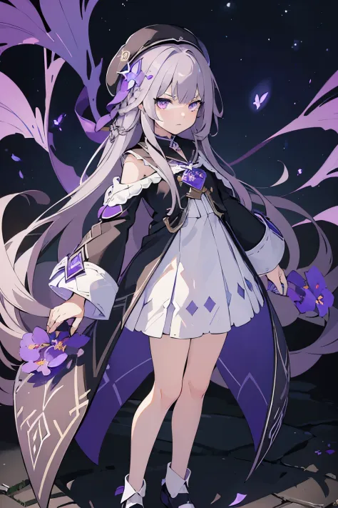 (best quality:1.3), (masterpiece:1.3), (illustration:1.3), (ultra-detailed:1.3), 1girl, solo, very young, flat chest, purple eyes, white hair, long hair, white dress, black coat, black beret, serious expression, angry expression, looking at viewer, purple ...