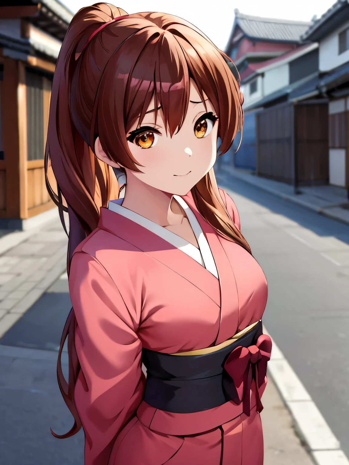 masutepiece, (Best Quality), 1womanl,1girl in ,shinka_nibutani,   Brown hair, Standing、 Long hair, Pony tail, Brown eyes,top-quality、(​masterpiece:1.2)、ighly detailed、outside of house、a street、girl wearing pink kimono、独奏、#chuunibyou demo koi ga shitai!、 looking at the viewers、Medium chest、A smile、a closed mouth、Arms behind your back、had brown eyebrows、pink japanese clothes、Perfect kimono