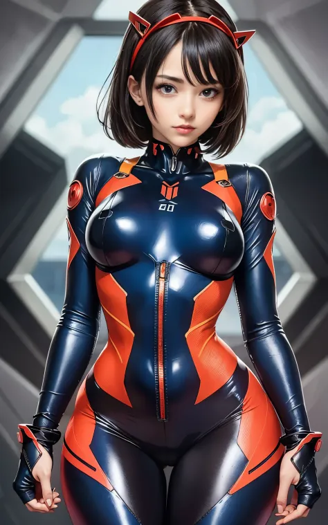 Stunning proportions, Evangelion Suit, Skin Fit Blue Bodysuit, Black hair, bobhair, Shiny skin, Blue eyes, Colorful, sexy hips