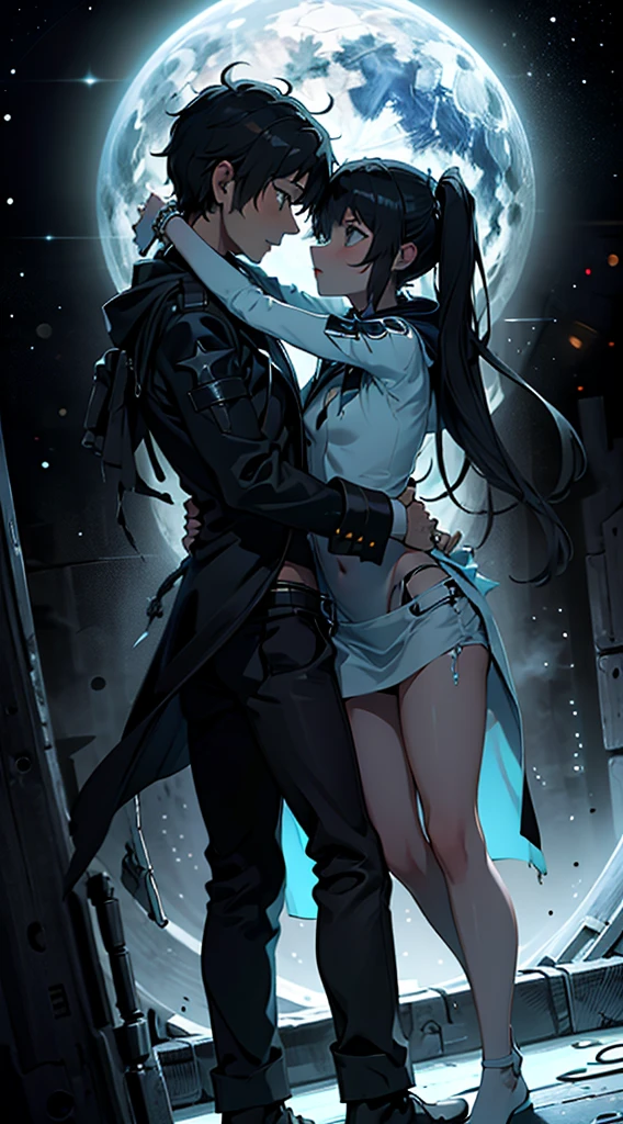 a naked handcuffed mato kuroi from black rock shooter hugging an emo guys, space, space ship, futuristic, bdsm, bodnage, sex,rape , forced, sexual intercourse, handcuffed, restrained,